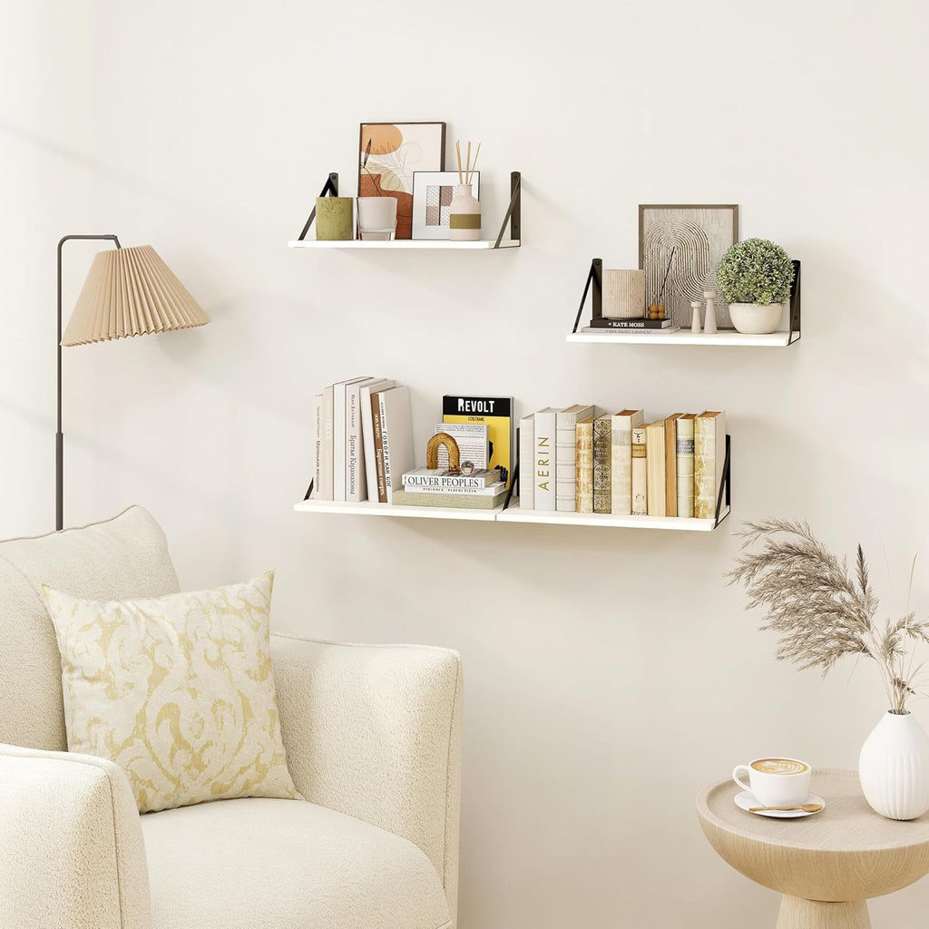 Heimlove White Deep Floating Shelves for Wall, 16W x 8D Wood Wall Shelves Set of 2, Wide Floating Bookshelf for Living Room, Kitchen, Office, Bedroom and Decor Storage, with Black Bracket - White