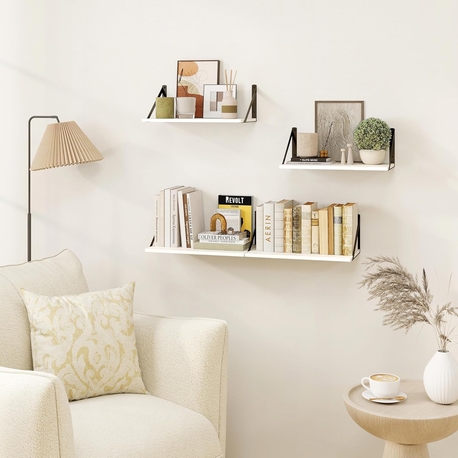 Heimlove White Deep Floating Shelves for Wall, 16W x 8D Wood Wall Shelves Set of 2, Wide Floating Bookshelf for Living Room, Kitchen, Office, Bedroom and Decor Storage, with Black Bracket - White