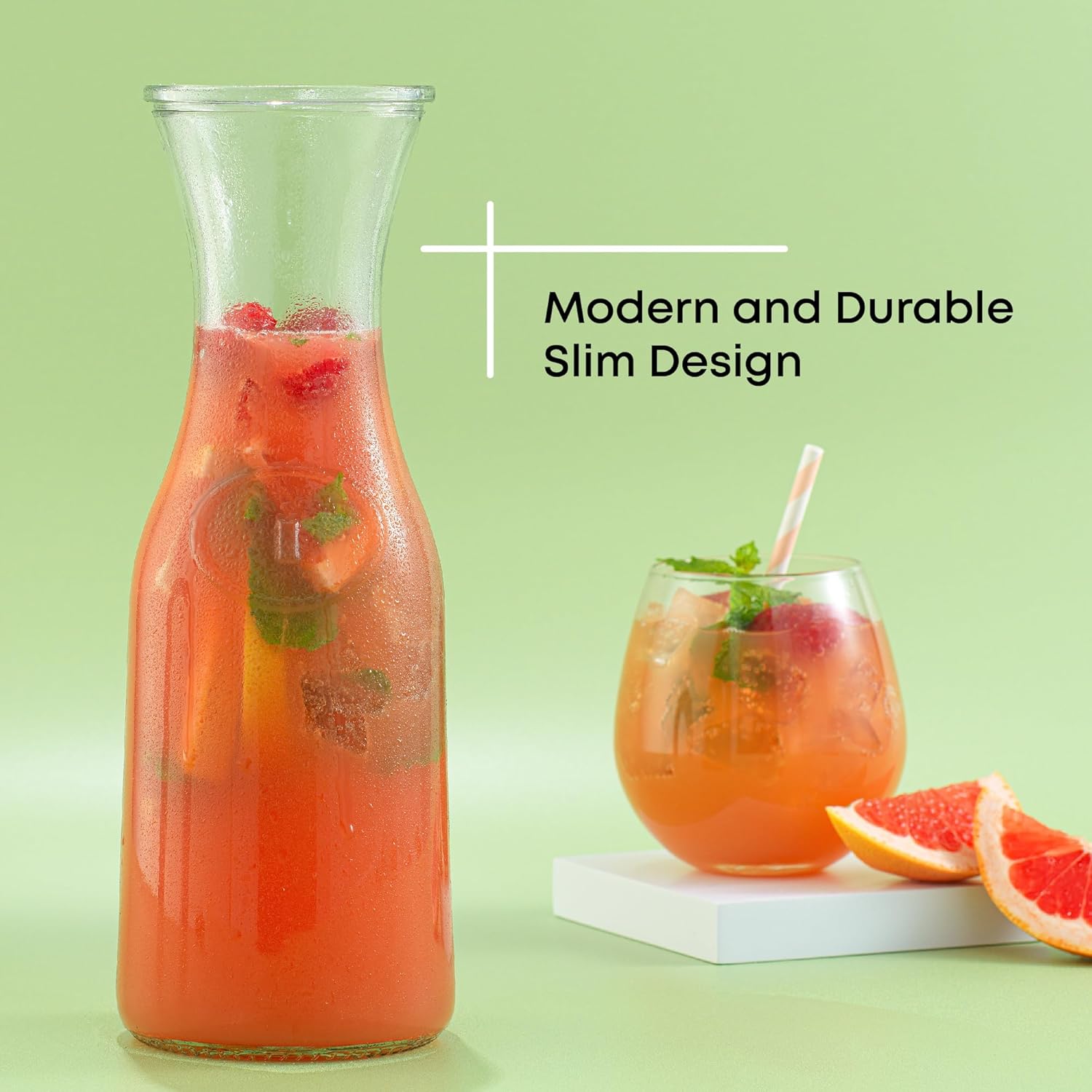 JoyJolt Glass Carafe with Lid, Set of 4 – 1 Liter Glass Pitcher for Mimosa Bar, Water, Iced Tea, Juice, Wine, Lemonade, Milk – Dishwasher Safe Beverage Drink Dispensers for Brunch, Parties