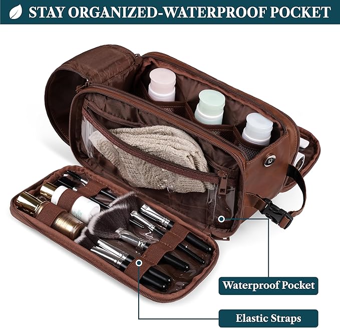 PAVILIA Large Toiletry Bag for Men Women, Mens Travel Bag Toiletries Organizer Case for Grooming, Travel Essentials Shaving Dopp Kit, PU Leather Water Resistant Cosmetic Pouch, Brown