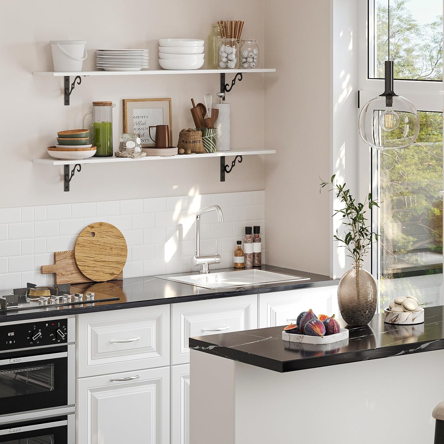 DINZI LVJ Long Wall Shelves, 55.1" Large Floating Shelves Set of 2, Wide Display Shelf Wall Mounted with Brackets, Easy Hanging for Living Room, Toilet, Office, Bedroom, White