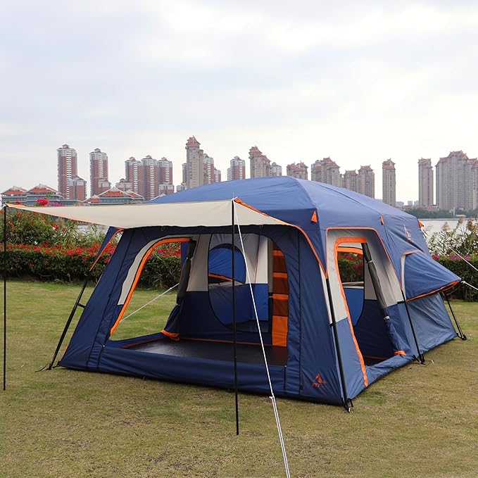 KTT Extra Large Tent 10-12-14 Person(B),Family Cabin Tents,2 Rooms,3 Doors and 3 Windows with Mesh,Straight Wall,Waterproof,Double Layer,Big Tent for Outdoor,Picnic,Camping,Family Gathering