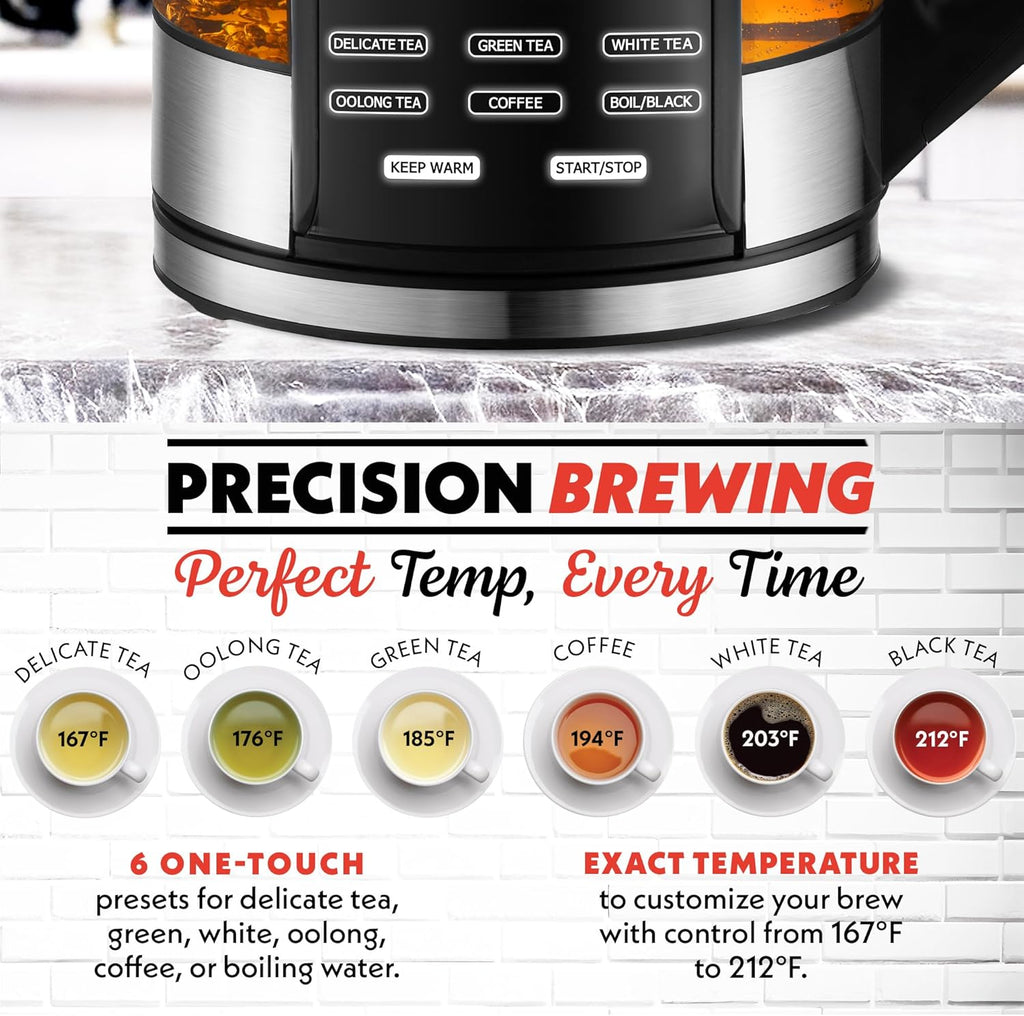 Gourmia Electric Programmable Glass Kettle – 1.7L Temperature Control Tea & Coffee Kettle with Digital Touch Display, 6 Presets, Keep Warm, Removable Stainless Steel Infuser, 360° Swivel Base – Green