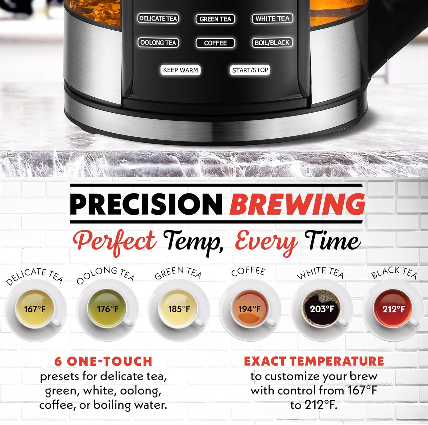 Gourmia Electric Programmable Glass Kettle – 1.7L Temperature Control Tea & Coffee Kettle with Digital Touch Display, 6 Presets, Keep Warm, Removable Stainless Steel Infuser, 360° Swivel Base – Black