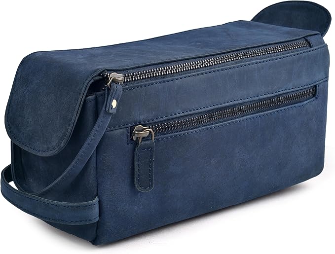 LEATHER VILLAGE Premium Leather Travel Toiletry Bag - Unisex Water-Resistant Travel Dopp Kit, Shaving & Cosmetic Organizer for Men & Women - Compact Bathroom Essentials - Royal Blue