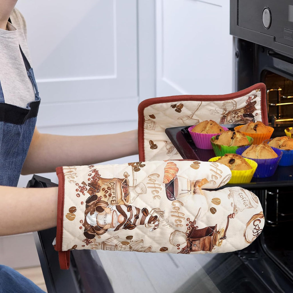 Coffee Gnome Oven Mitts and Pot Holders Sets 2Pcs, 100% Cotton Heat Resistant, Extra Long Oven Gloves Potholder for Kitchen Cooking Baking Decoration