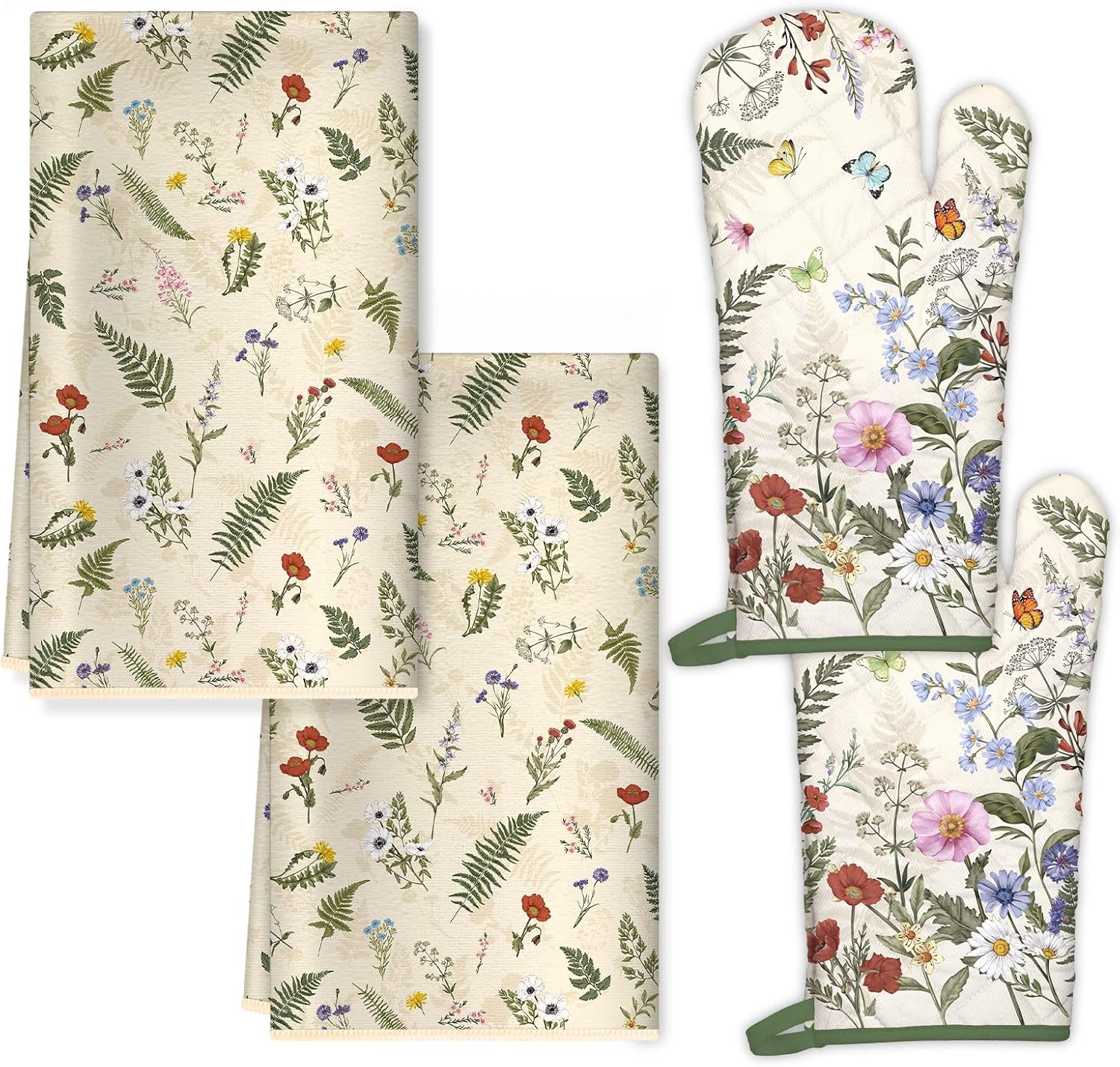 Rustic Flower Kitchen Towels and Oven Mitts Set 4Pcs, Soft Absorbent Dish Cloth Heat Resistant Oven Gloves for Cooking Baking Kitchen Decoration, Gifts for Her