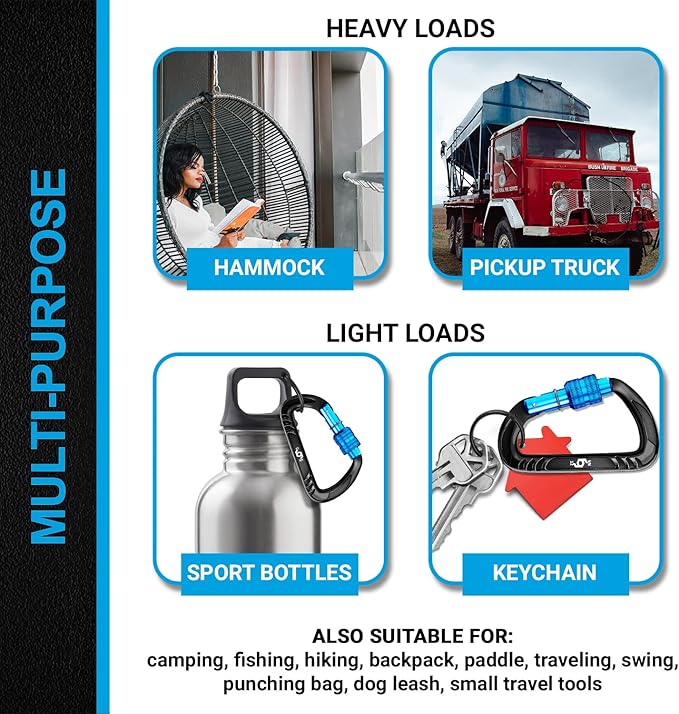 12kN (2697 lbs) Heavy Duty, Locking, Auto Locking, Wiregate Carabiner Clips, for Securing Pets, Outdoor, Camping, Hiking, Hammock, Dog Leash Harness, Keychains