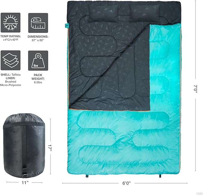 Teton Mammoth Queen Size Double Sleeping Bag- A Warm Bag The Whole Family can Enjoy – Great for Camping, Hunting and Base Camp. Compression Sack Included