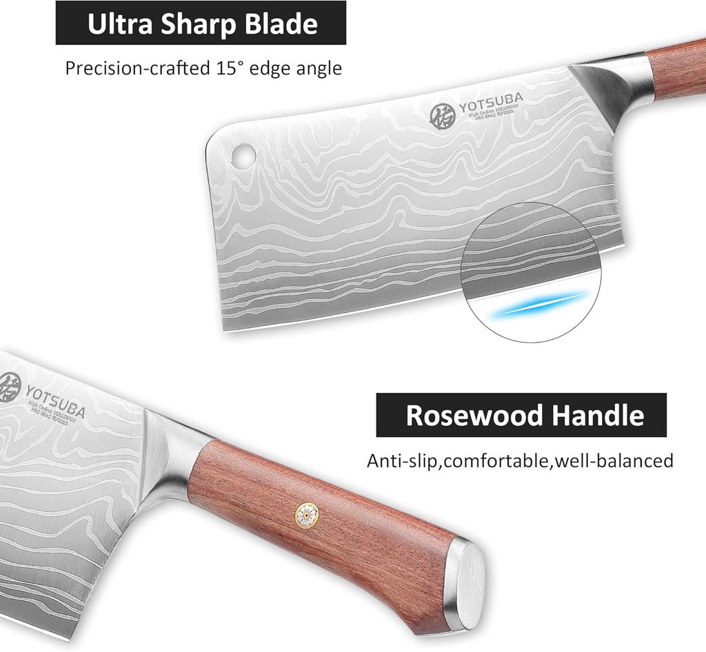 YOTSUBA 7 Inch Cleaver Knife, Ultra Sharp High Carbon Steel Vegetable Meat Cleaver with Ergonomic Rosewood Handle, Professional Butcher Knives for for Home Kitchen and Restaurant with Gift Box