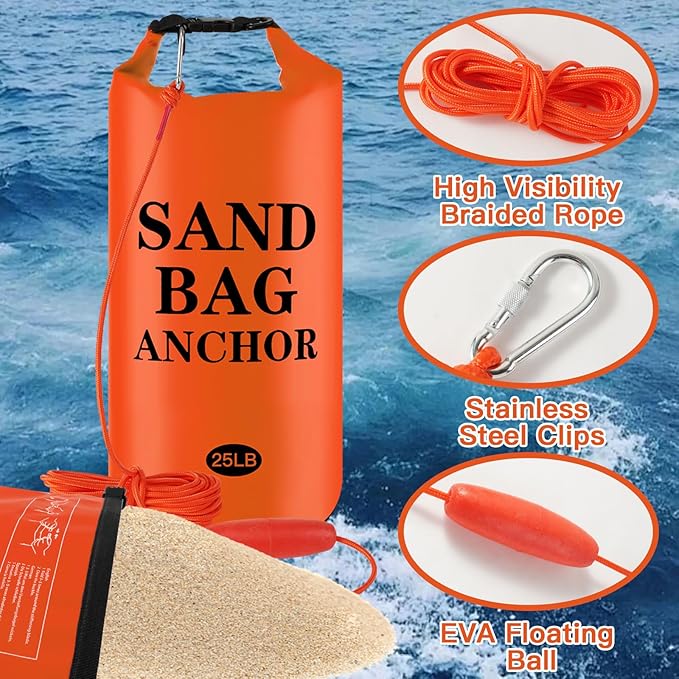 25LB Sand Anchor Bags, Waterproof Dry Bags, 2-in-1 Jet Ski Anchor Bag Kit with Adjustable Buoy for Small Boat Jetski Power Watercrafts Canoes and Kayaks
