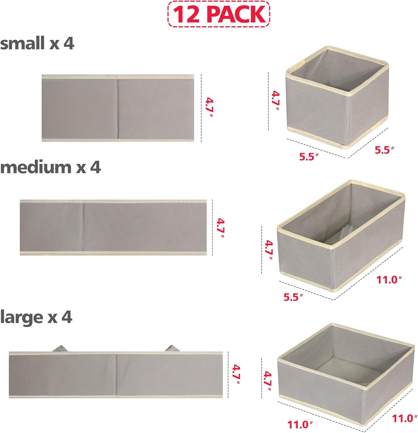 DIOMMELL 12 Pack Foldable Cloth Storage Box Closet Dresser Drawer Organizer Fabric Baskets Bins Containers Divider for Baby Clothes Underwear Bras Socks Lingerie Clothing,Grey 444