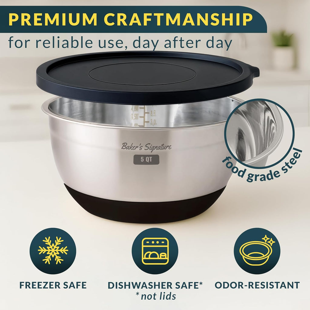 Stainless Steel Mixing Bowls with Lids Set, 5 Sizes, 3 Graters, Non-Slip Base, Airtight Lids, Metal Mixing Bowls for Kitchen, Food Prep, Storage, 0.63QT-5QT, Black