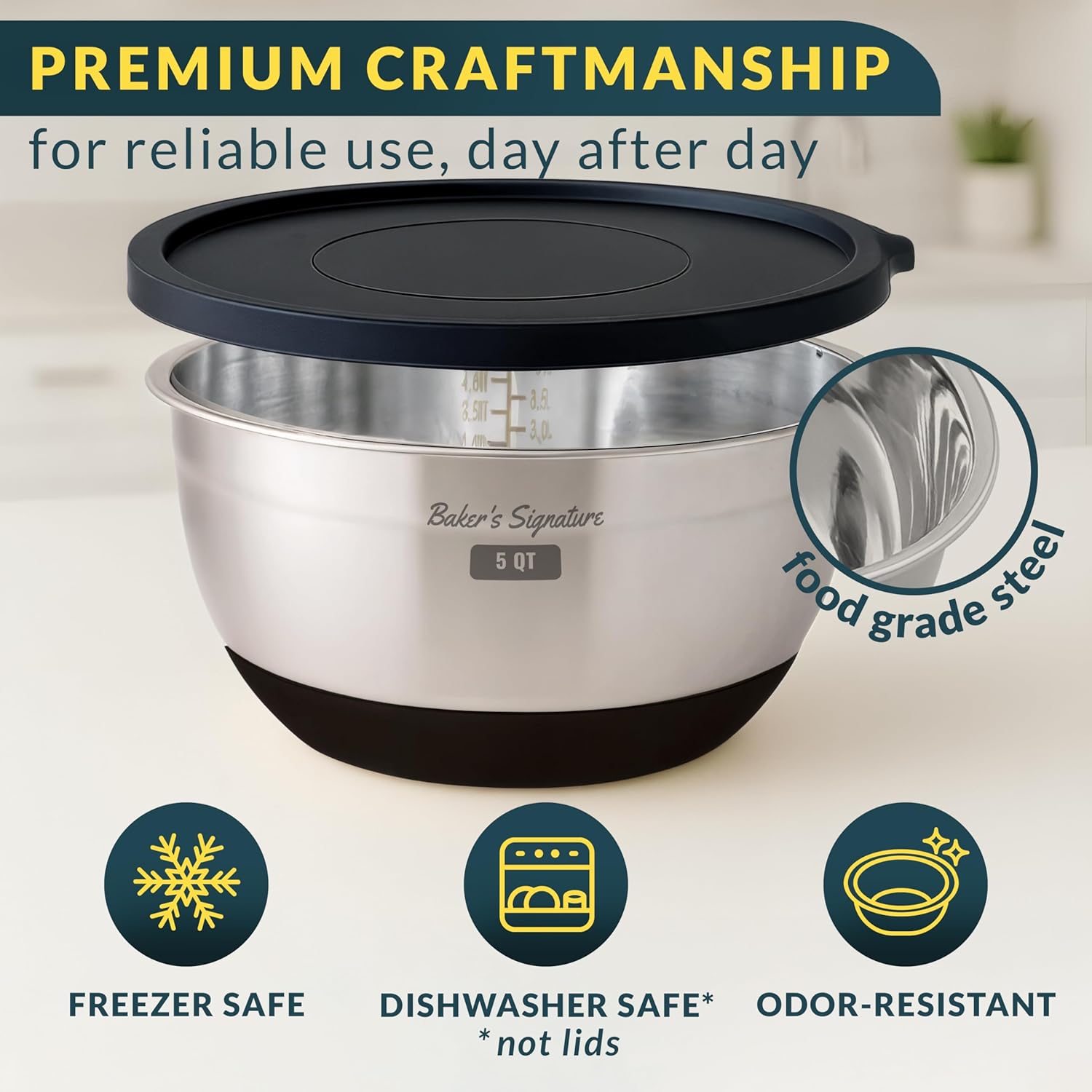 Stainless Steel Mixing Bowls with Lids Set, 5 Sizes, 3 Graters, Non-Slip Base, Airtight Lids, Metal Mixing Bowls for Kitchen, Food Prep, Storage, 0.63QT-5QT, Black