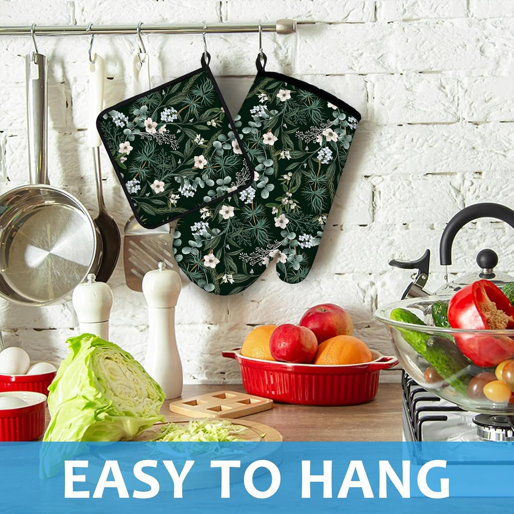 Botanical Print FloralOven Mitts and Pot Holders Sets Heat Resistant 4Pcs Potholders Oven Gloves Hot Pads for Kitchen Baking Cooking Grilling BBQ