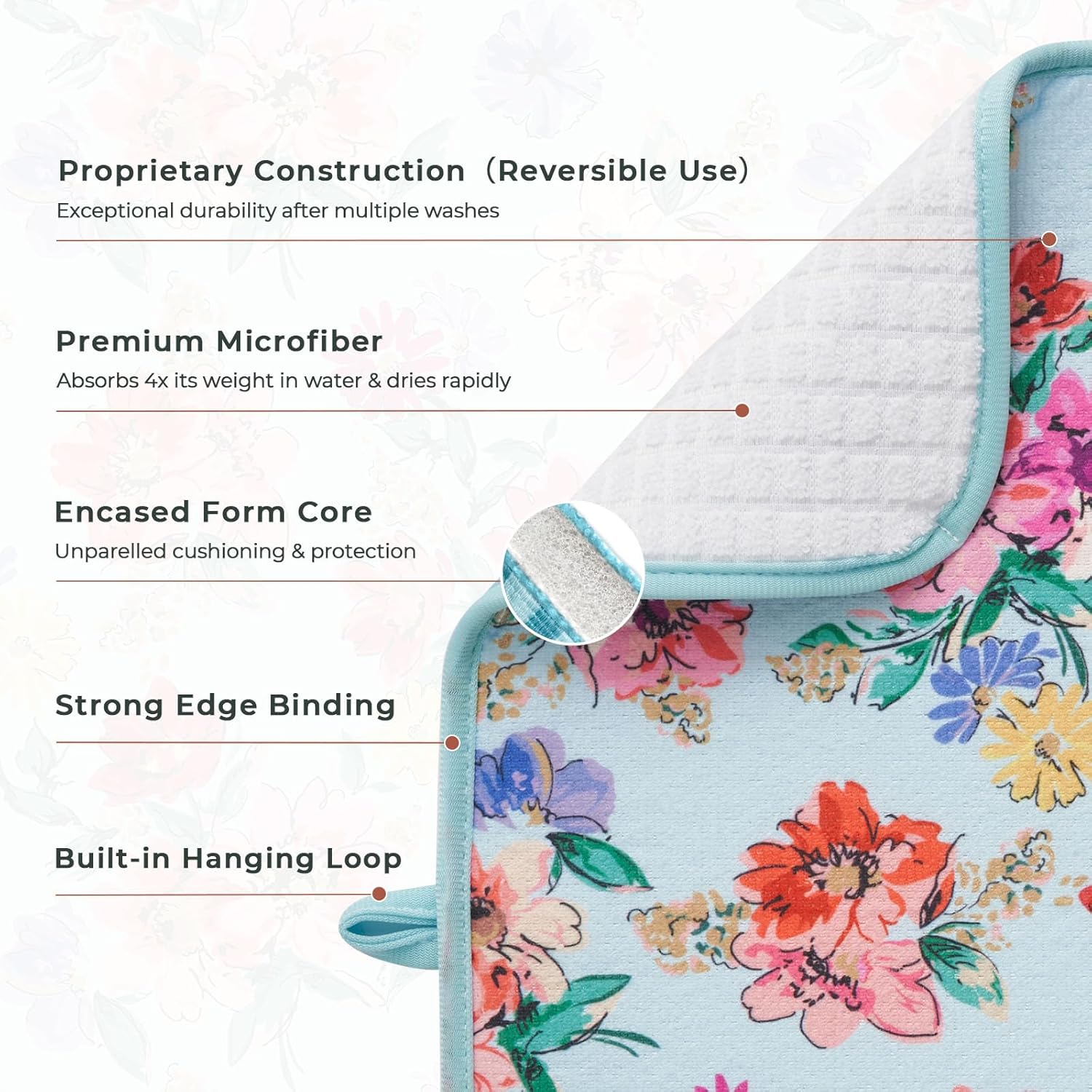 FRESHMINT Printed Dish Drying Mats for Kitchen Counter 2 Pack Absorbent Reversible Drying Mats Microfiber Kitchen Countertop Protector Dishes Drying Pad Extra Large 18"x24" Dish Mat