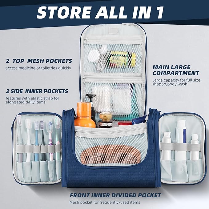 Buruis Large Capacity Toiletry Bag for Women and Men, Hanging Toiletry Organizer Cosmetics Makeup Bag, Water-resistant Dopp Kit Shaving Bags for Full Sized Toiletries, Travel Essentials (Blue)
