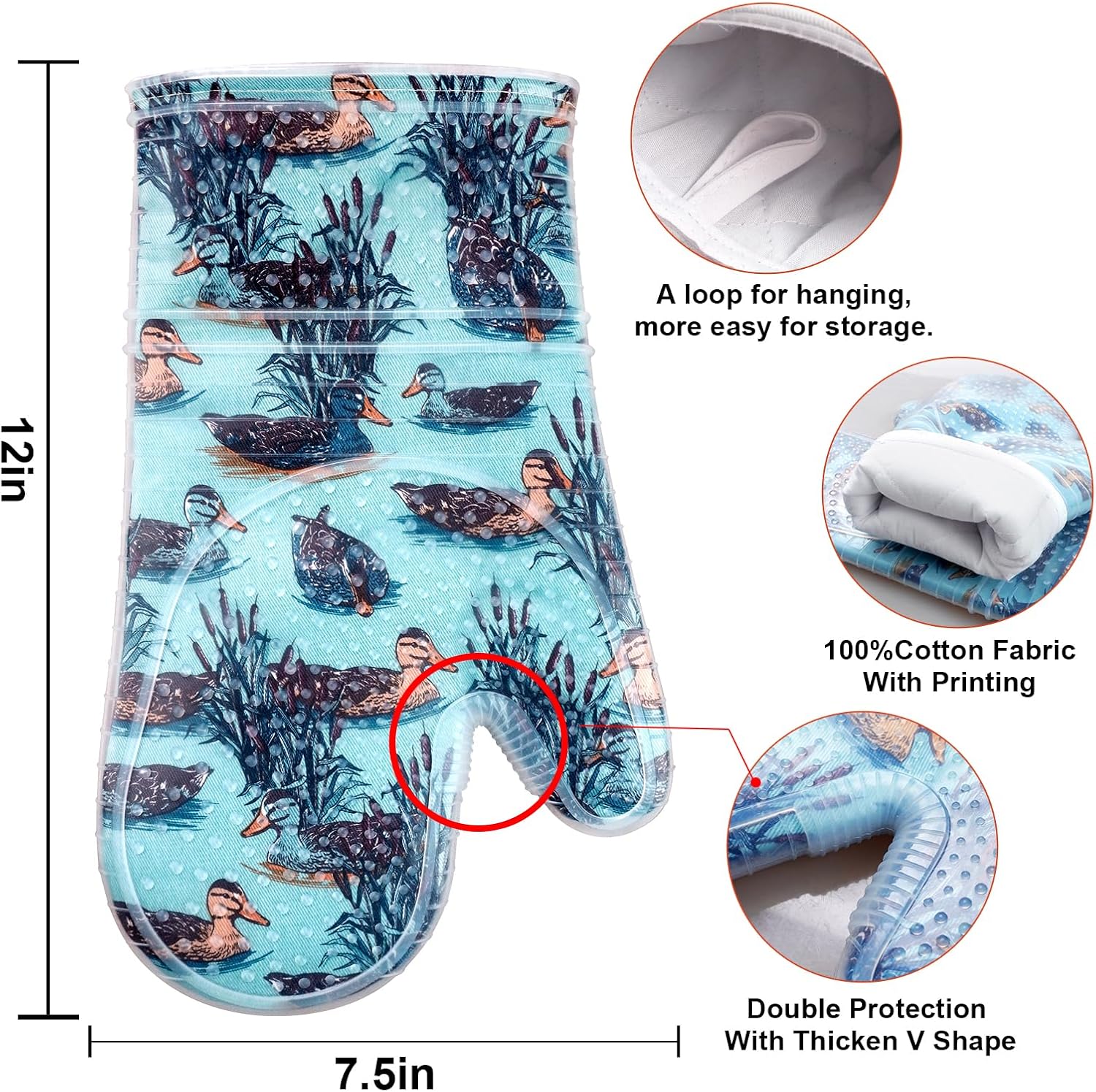 Oven Mitts Set of 2 with Transparent Clear Silicone Shell and Nice Duck Printing Cotton Lining, Heat Resistant to 500 F Kitchen Oven Gloves Pot Holder for Cooking (Wathet Blue, Oven Mitts)