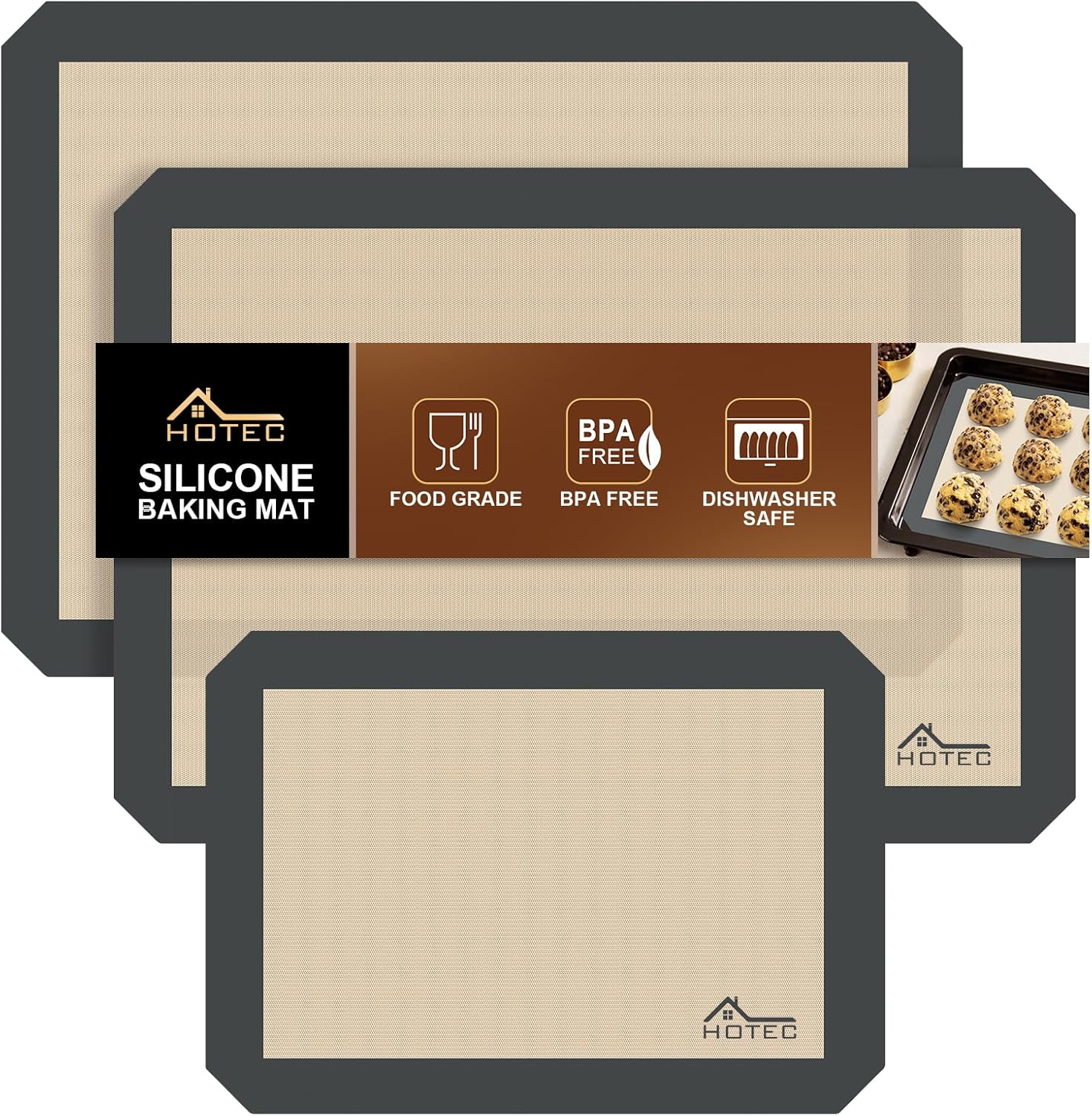HOTEC Silicone Baking Mats 3 Pack – Non-Stick Reusable Silicone Baking Sheets for Oven – Cookie & Macaron Mats – 2 Half Sheet + 1 Quarter Sheet – BPA-Free, Dishwasher Safe