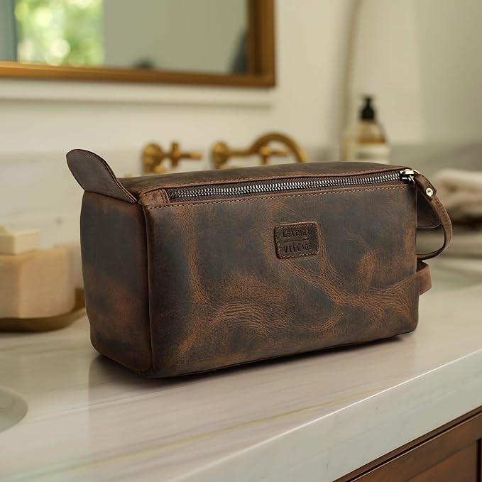 LEATHER VILLAGE Premium Leather Travel Toiletry Bag - Unisex Water-Resistant Travel Dopp Kit, Shaving & Cosmetic Organizer for Men & Women - Compact Bathroom Essentials - Rustic Brown
