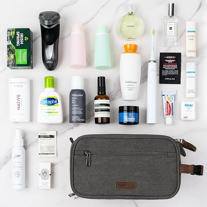 PAVILIA Toiletry Bag for Men Women, Canvas Travel Dopp Kit, Water Resistant Hygiene Bag Toiletries Organizer, Shaving Kit Travel Accessories Bag, Grey