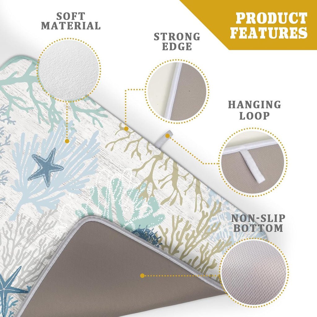 Blue Coral Dish Drying Mat Coastal Starfish Dishes Pad Hanging Drainer Mats Reversible Absorbent Kitchen Counter Protector 18x24 Inch