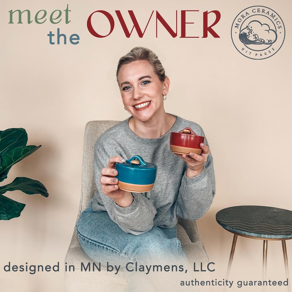 Mora Ceramic Salt and Pepper Cellar Set with Lid - 10 oz Modern Canister/Container/Bowl for Storage, Sea Salt, Spice, Sugar, Countertop - Small Dish/Jar with Wood Spoon, Azure Blue & Crimson Red Crock