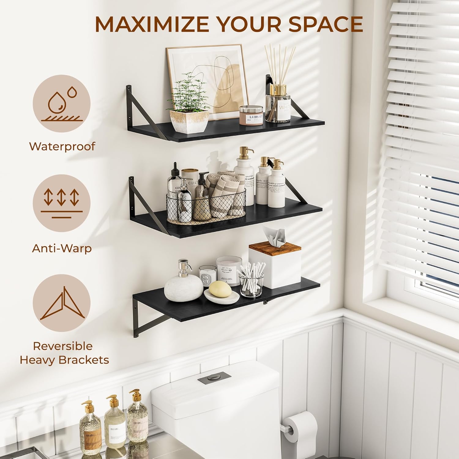 Heimlove 24" W x 12" D Wall Shelves for Books, 12 Inch Deep Floating Shelves Set of 3, Wide Floating Bookshelf with Metal Bracket for Living Room, Kitchen, Office, Bedroom and Decor Storage - Black