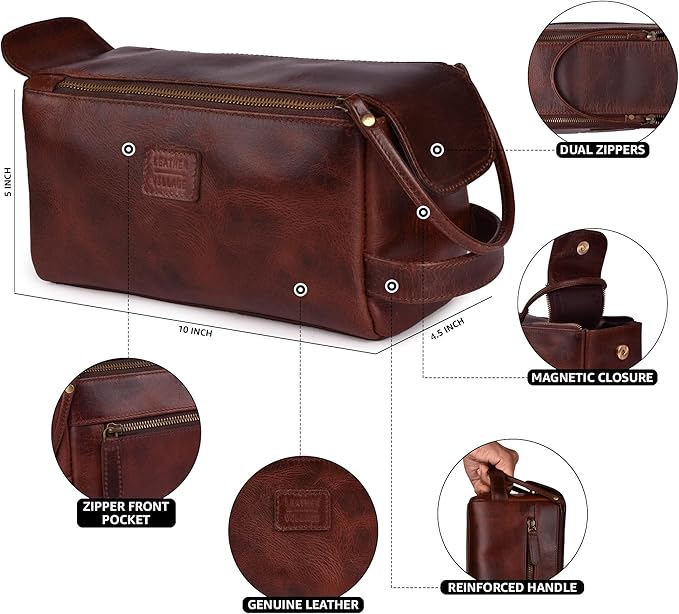 LEATHER VILLAGE Premium Leather Travel Toiletry Bag - Unisex Water-Resistant Travel Dopp Kit, Shaving & Cosmetic Organizer for Men & Women - Compact Bathroom Essentials - Cherry Brown
