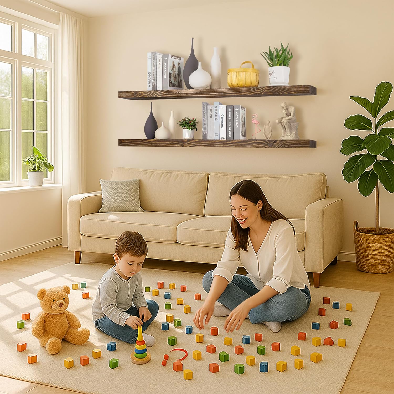 Floating Shelves 72 inch Long 8 "deep Set of 2, Heavy Duty Wood Wall Mounted Shelves for Bathroom Living Room Kitchen,Book Shelves with Thickened Hidden Bracket-Distressed Walnut