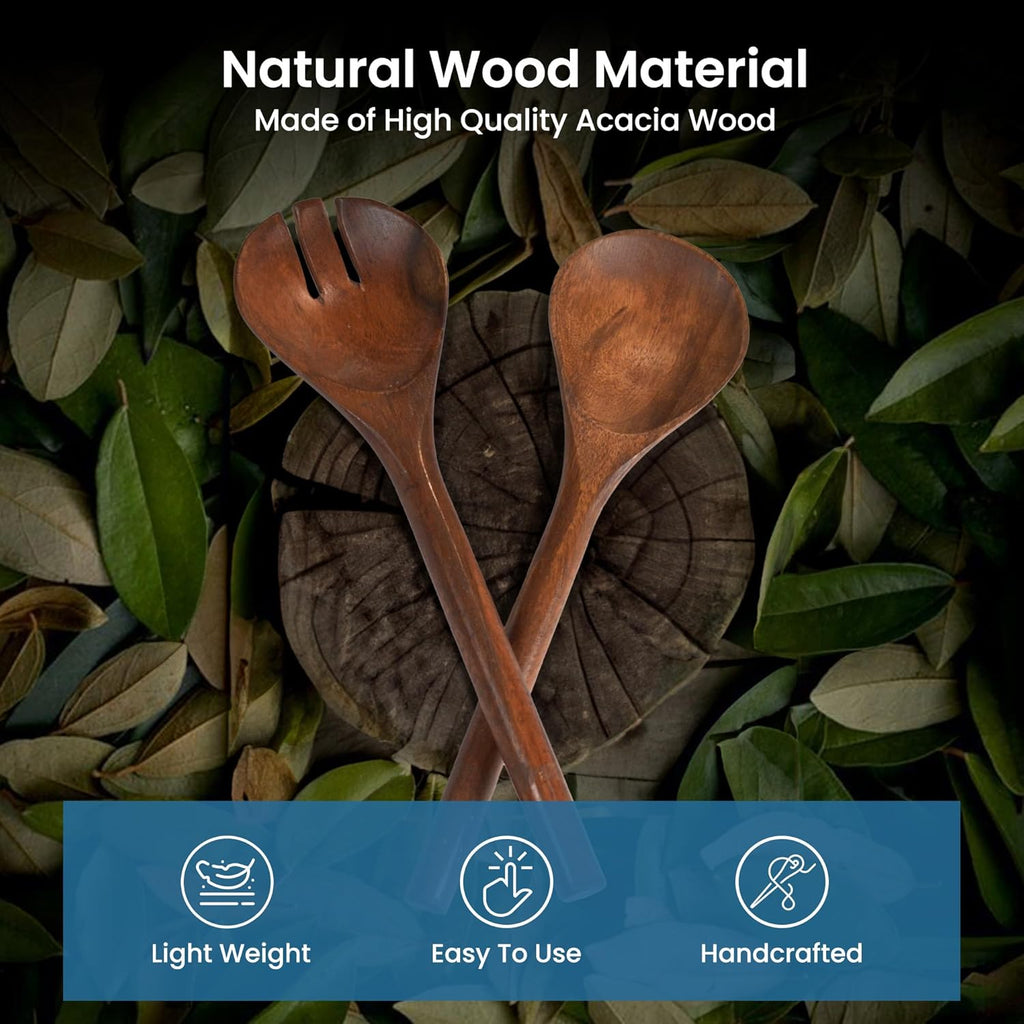 The Fine Living Co. Acacia Salad Servers, 11 Inches Wooden Spoon, Handcrafted Kitchen Utensils for Mixing, Tossing, Cooking (2-Piece Set, Walnut)