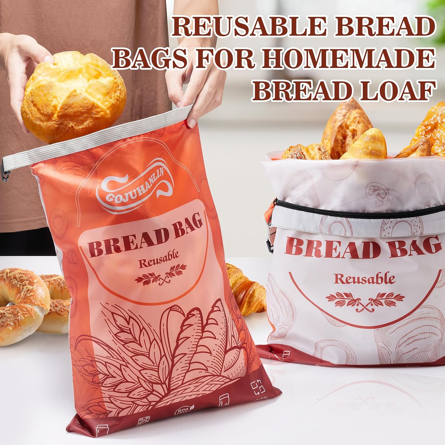 2 Pack Reusable Bread Bags for Homemade Loaves, 17 * 13 Inch Extra Large Storage Bag with Zipper, Bread Container for Freezer Food Storage