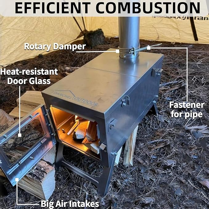 DANCHEL OUTDOOR T6 Ultralight Titanium Wood Stove for Camping Backpacking, 4.4lbs Folding Hot Tent Stove with 7.2ft Chimney Pipe, Easy Setup for Solo Survival, Cooking