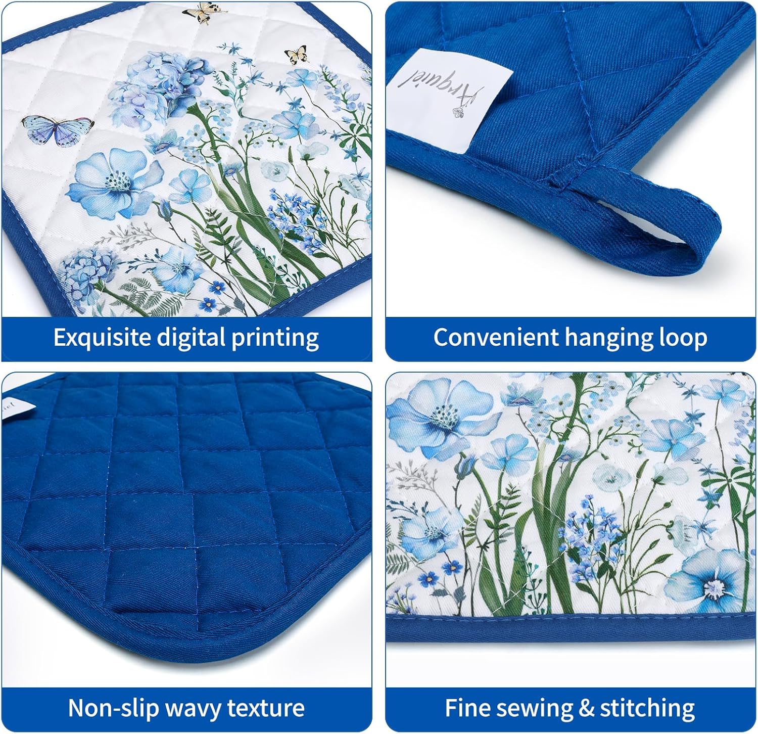 Blue Floral Oven Mitts and Pot Holders Sets 4Pcs, 100% Cotton Heat Resistant, Extra Long Oven Gloves Potholder for Kitchen Cooking Baking Decoration