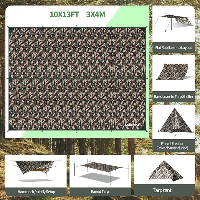 Waterproof Camping Tarp - 10X13ft Hammock Rain Fly, Ultralight & Portable & UV Protection Backpacking Tarp, Multifunctional for Outdoor Adventure, Hiking, Tent, Hammock