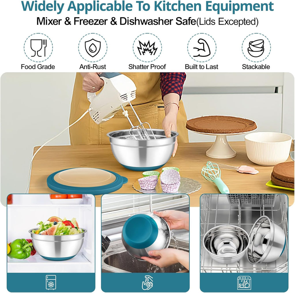 TeamFar Mixing Bowls, 5PCS Stainless Steel Serving Salad Bowls with Lids, For Kitchen Mixing/Baking/Storing/Prepping, Visible & Airtight, Non-Slip Bottom - 4.6/3.5/1.5/1 / 0.7 QT, Dark Blue