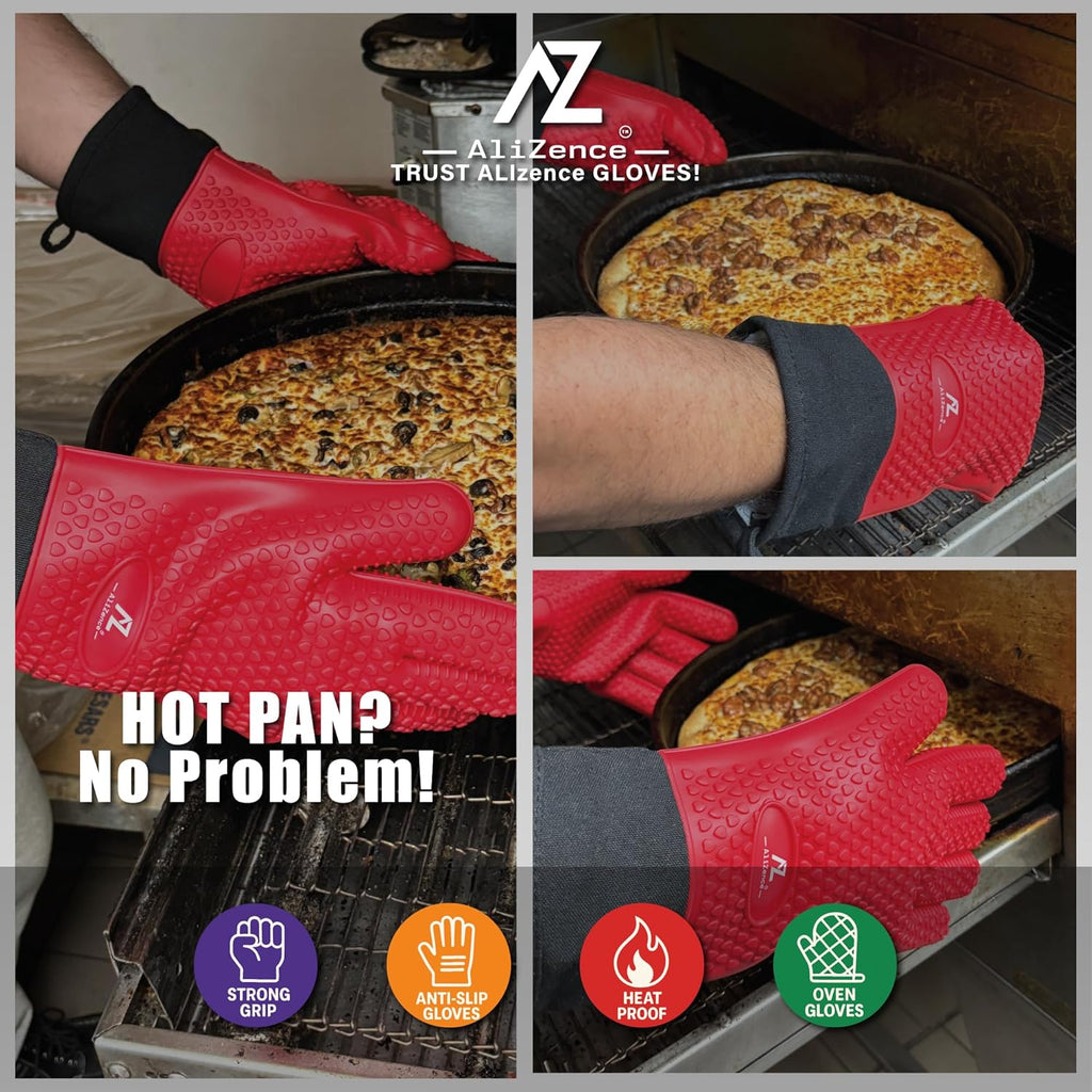 Silicone Smoker Oven Gloves & BBQ Set – Extreme Heat Resistant, Waterproof Oven Mitts, Mini Gloves, Hot Pads & Pot Holders for Cooking, Grilling, Baking, Extra Soft, Superior Value 6 pc Set. (Red)