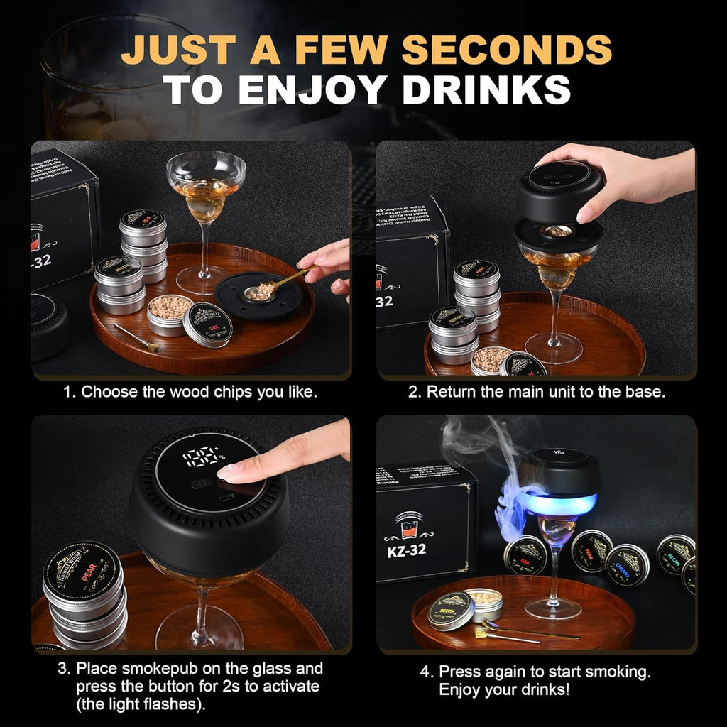 Electric Whiskey Smoker Kit Built-in Lighter with 7 Colorful Lights, Flameless Rechargeable Electric Drink Smoker Kit with 6 Wood Chips – Premium Cocktail Smoker Kit Set for Men, Husband, Dad