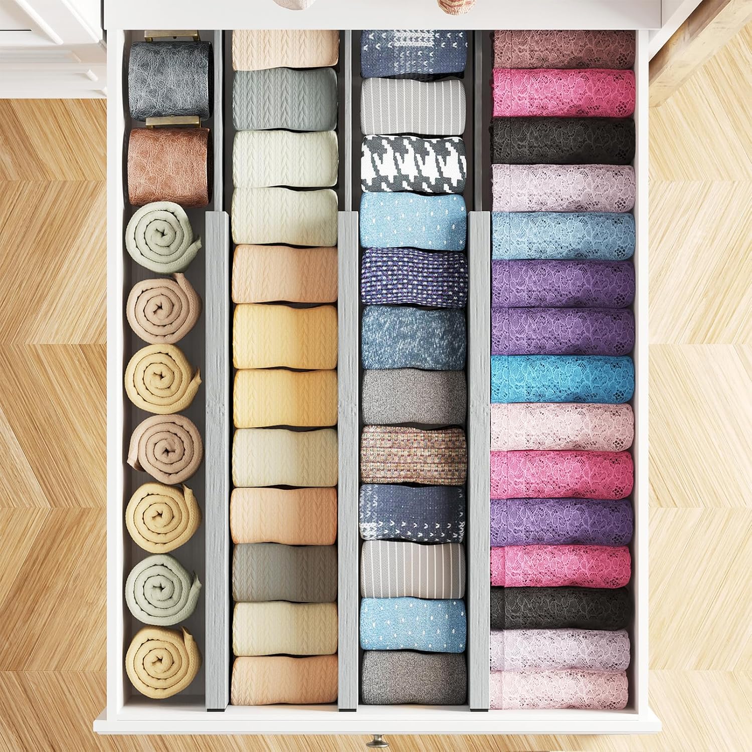 SpaceAid Bamboo Dresser Drawer Dividers 6 Pack, 4.65“ High Adjustable 17“-22” Drawer Organizers, Expandable Organization for Clothing, Clothes, Dressers, Gray