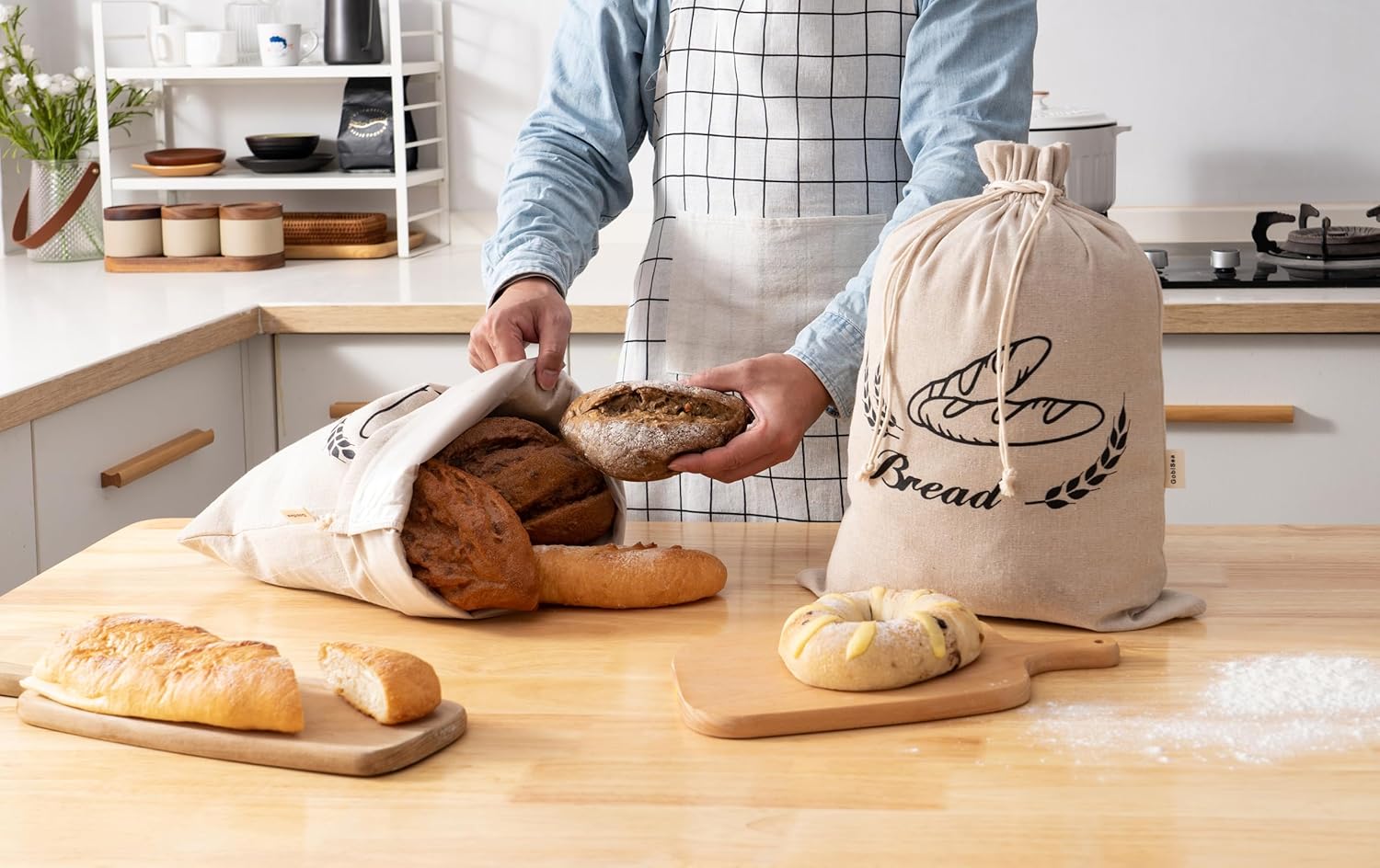 2 Pack Linen Bread Bags for Homemade Bread - Plastic Lined - Reusable Linen Sourdough Bread Storage Bags with Plastic Liner - 17" x 13"