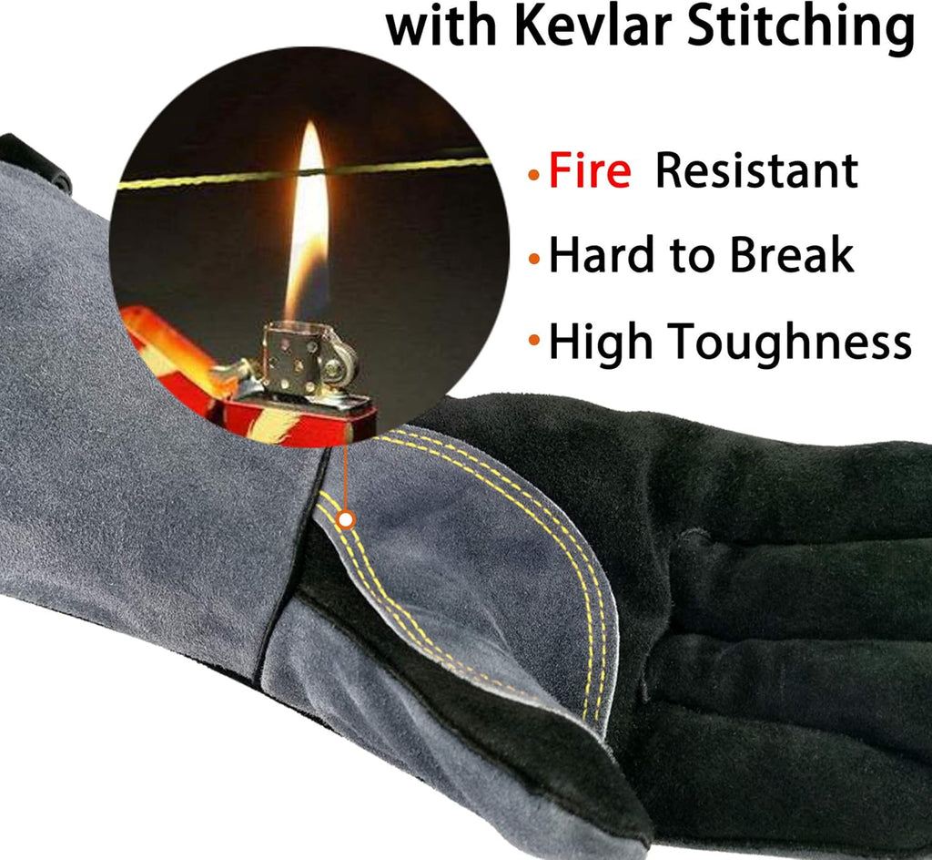 14 Inches,932℉,Leather Welding Gloves small, Heat/Fire Resistant,Small Mitts for BBQ,Oven,Grill,Fireplace,Tig,Mig,Forge,Baking,Furnace,Stove,Pot Holder,Animal Handling Glove.S Black-gray