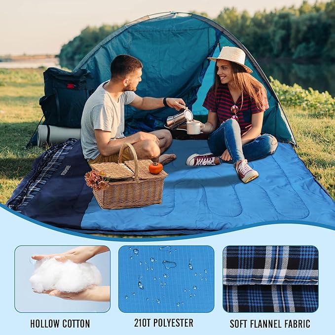 Double Sleeping Bag Flannel for Adults with 2 Pillows 2 Person Sleeping Bags Camping XXL Queen Size Two Person Sleeping Bag for Cold Weather