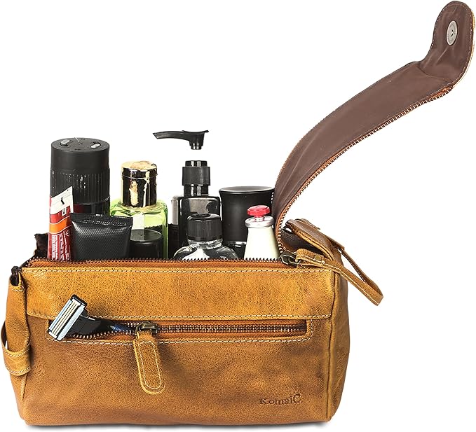 KomalC Premium Buffalo Leather Unisex Toiletry Bag Travel Dopp Kit