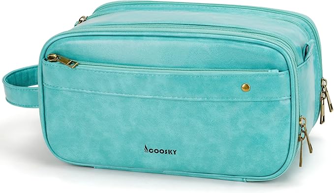Travel Toiletry Bag for Men, Large Hanging Toiletries Organizer Bags for Women, Cruise Ship Essentials, Water-resistant Shaving Case, PU Leather Makeup Accessories, Cosmetic Dopp Kit, Lake Blue