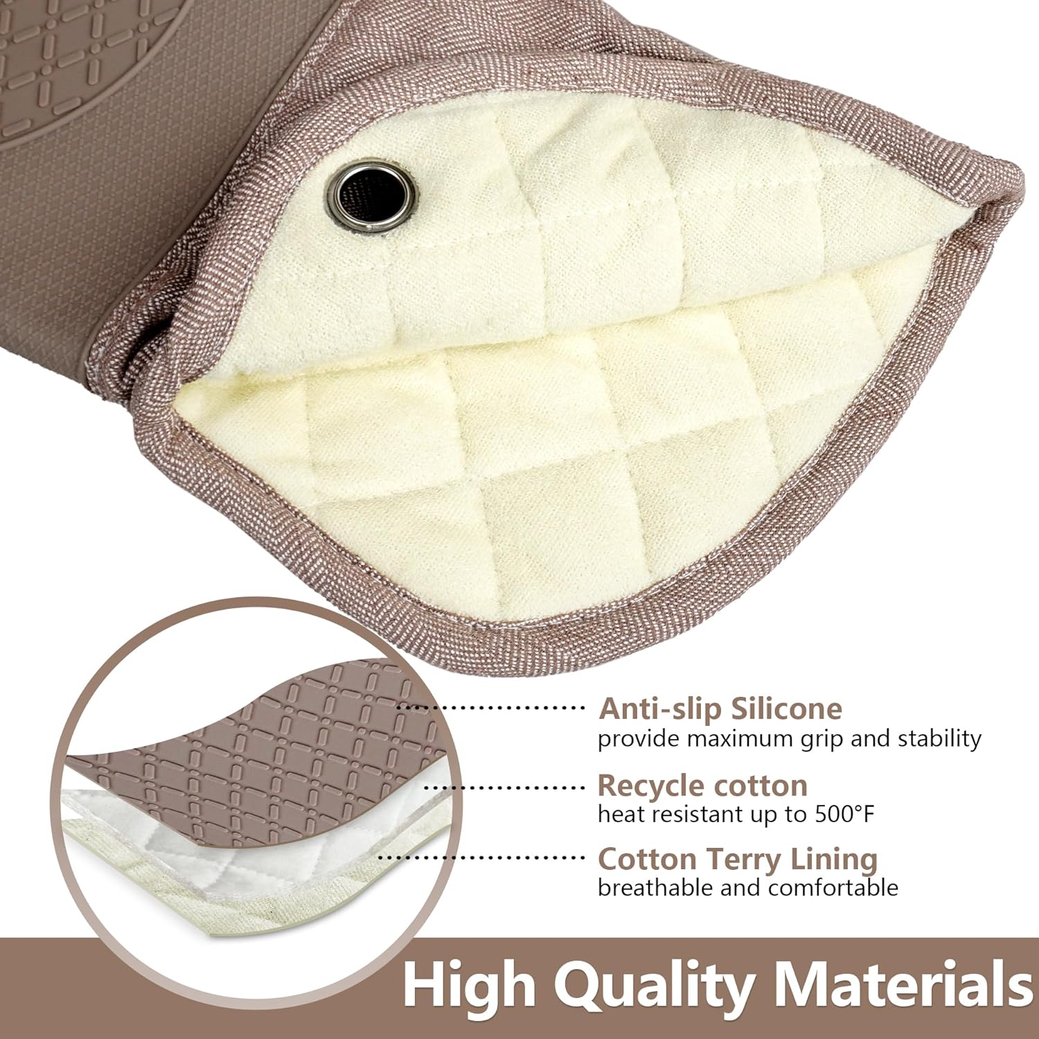 Professional Microwave Silicone Oven Mitts one Pair, Kitchen Mitten Set for Heat Resistant with 500 Degrees, Kitchen Gloves Pot Holder for BBQ Cooking Baking (Khaki)