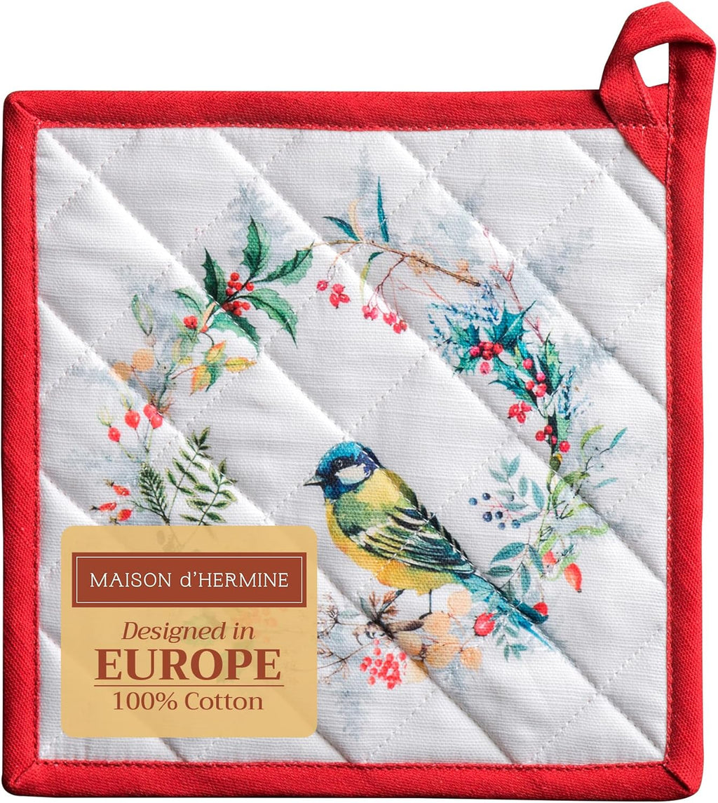 Maison d' Hermine Pot Holders 100% Cotton Heat Resistant Potholders 8" x 8" Hot Pads with Loop BBQ, Cooking, Baking, Grilling, Kitchen, Handling Hot Pans (Pack of 1, Morzine)