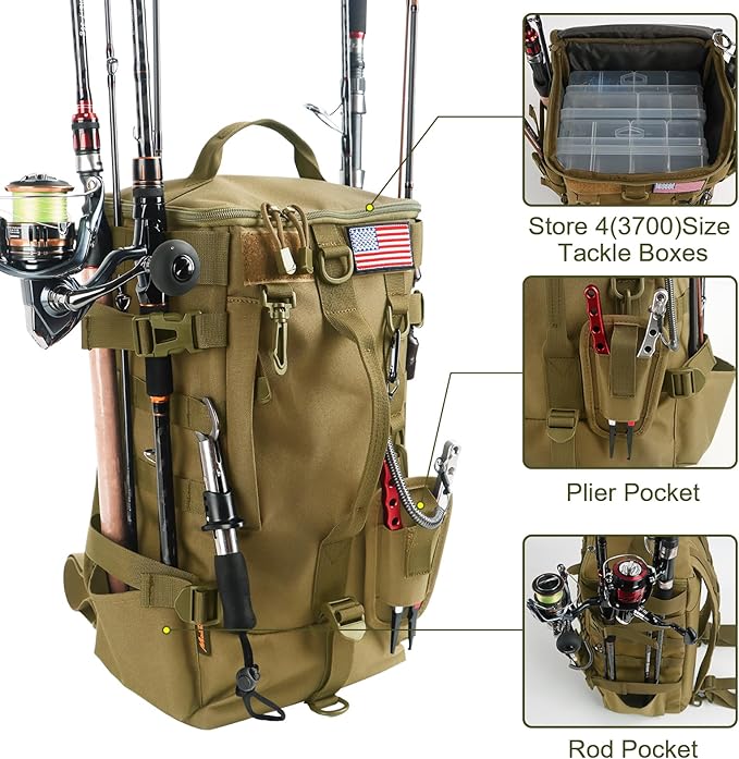 Fishing Backpack Tackle Bag, Fishing Backpack with Rod Holders Large Storage Fishing Tackle Box Backpack, Fishing Rod Bag for Carrying Fishing Gear and Equipment