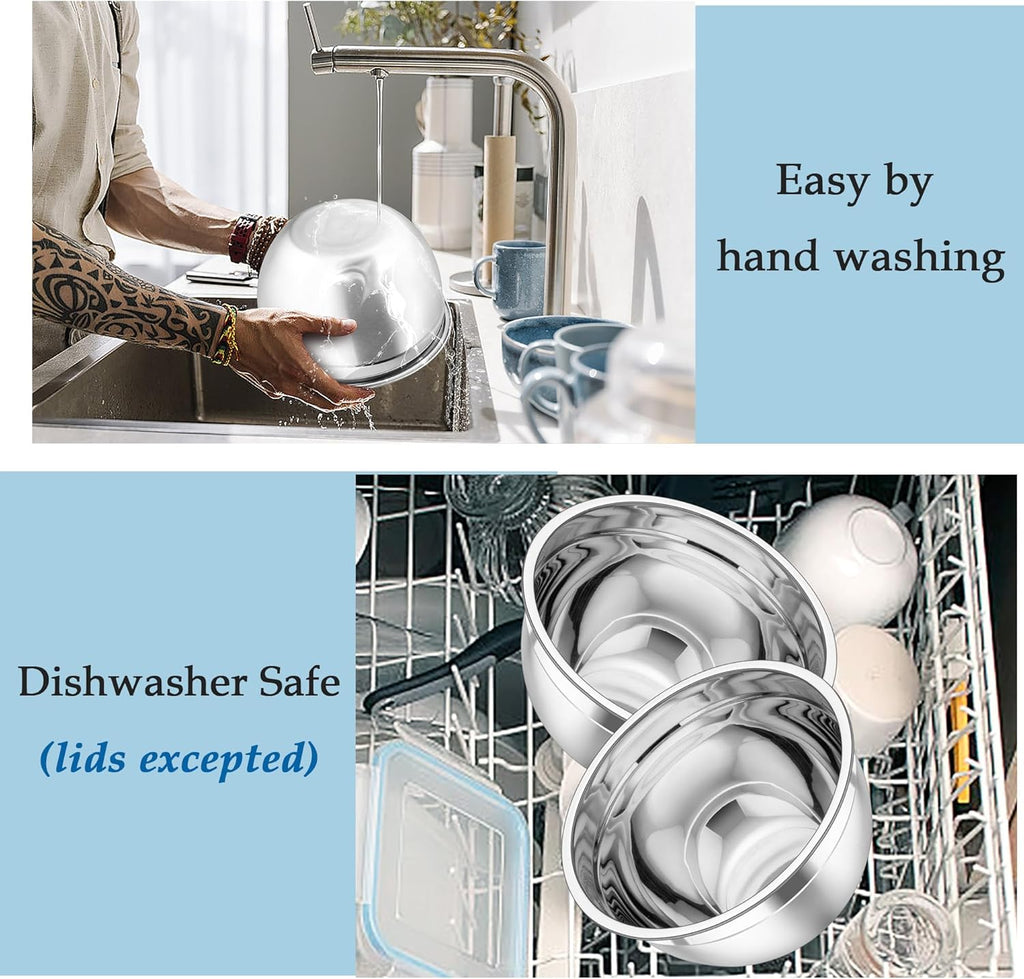 TeamFar Mixing Bowls, Stainless Steel Nesting Salad Bowls with Lids Set of 3 & 3 Grater Attachments, For Mixing/Serving/Storing, Non-toxic & Long-lasting, Size 4.6/3 / 1.5 QT, Black