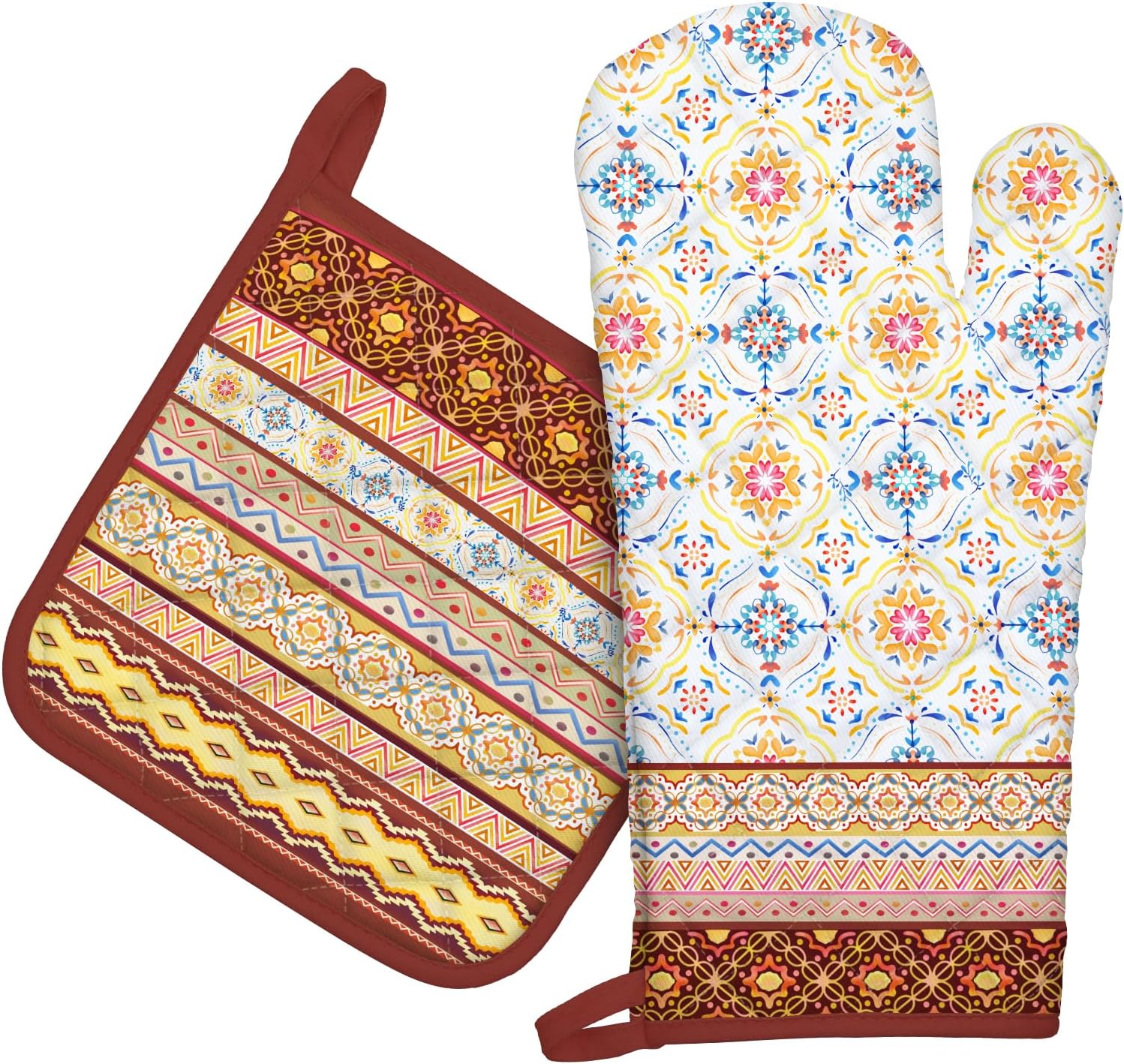 Boho Floral Oven Mitts and Pot Holders Sets 2Pcs, 100% Cotton Heat Resistant, Extra Long Oven Gloves Potholder for Kitchen Cooking Baking Decoration