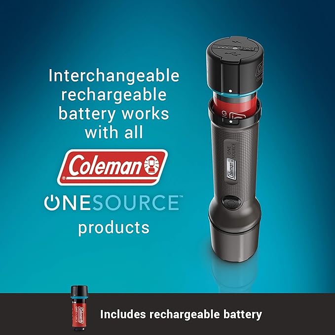 Coleman OneSource Rechargeable LED Flashlight, Water-Resistant Flashlight with OneSource Batteries Shines Up to 1000 Lumens, Rechargeable Heavy-Duty Flashlight for Camping, Emergencies, & Home Usage